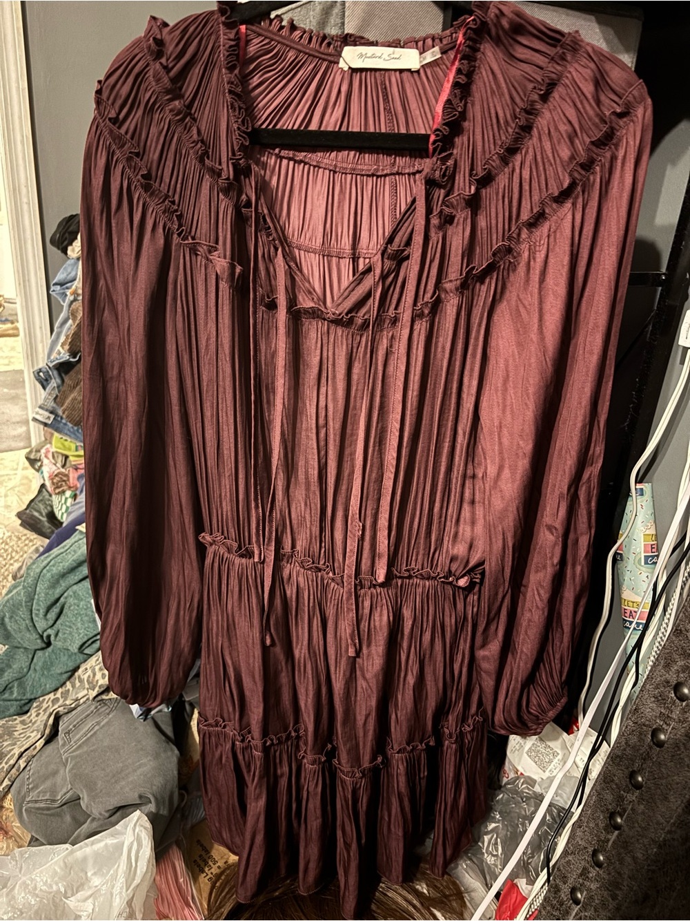 Mustard Seed Burgundy Ruffled Long-Sleeve Dress Medium